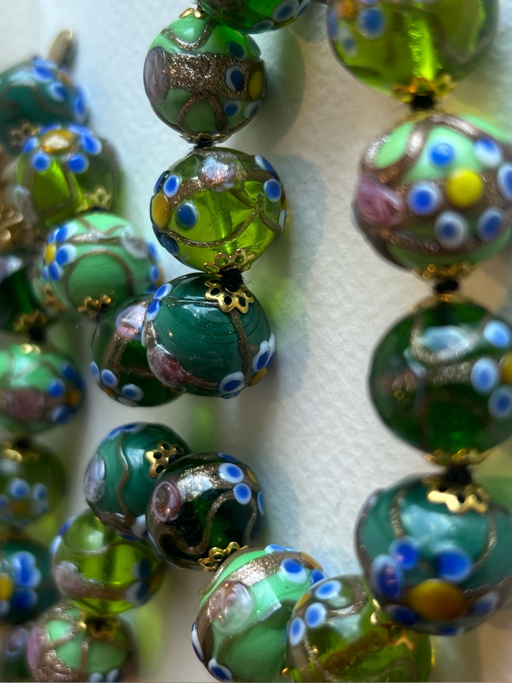 Handmade Lampwork Glass Floral Bead Necklace Green Blue Pink Gold made in Italy